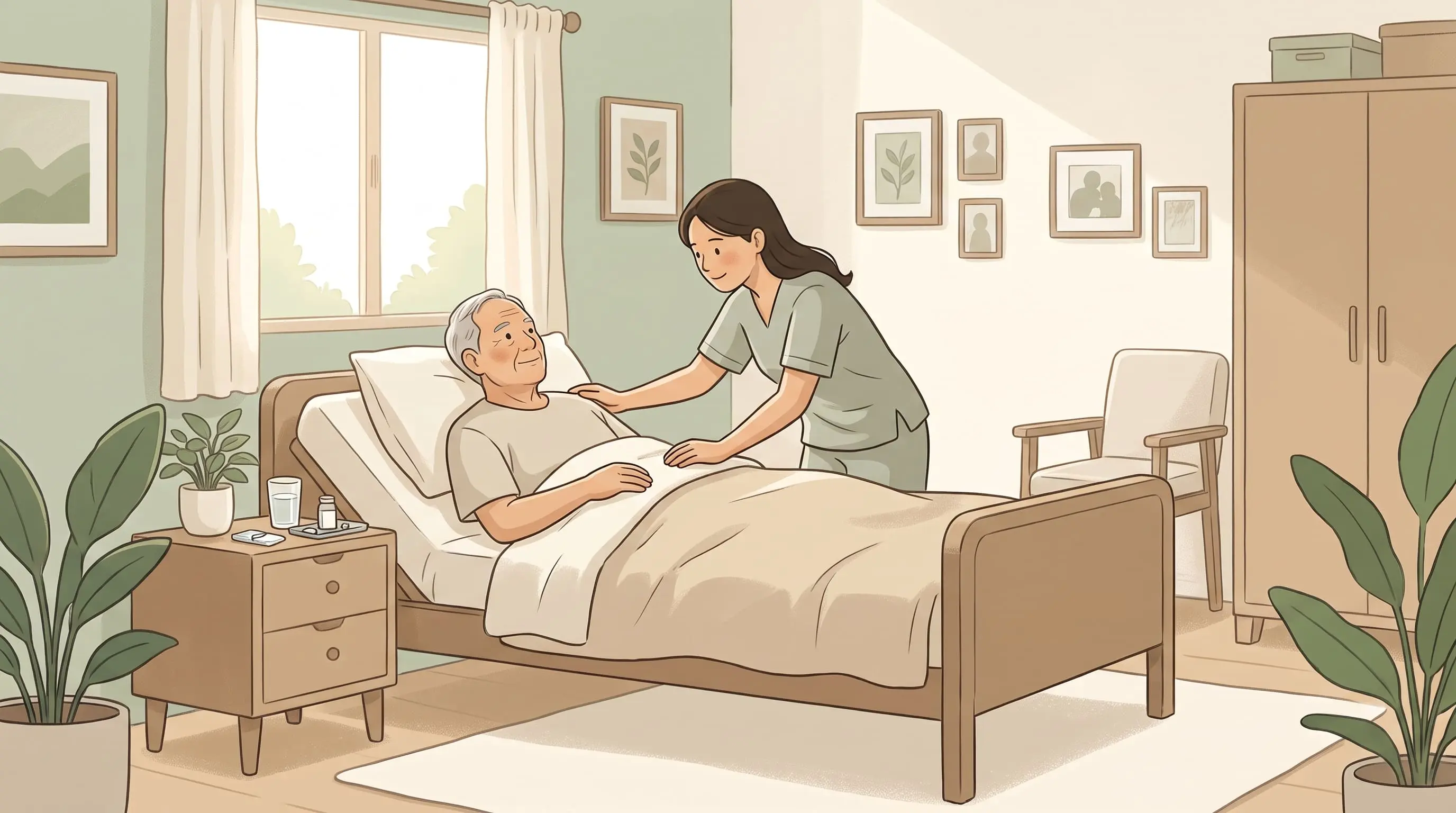 Illustration of a family caregiver supporting an older adult resting in a home care bed
