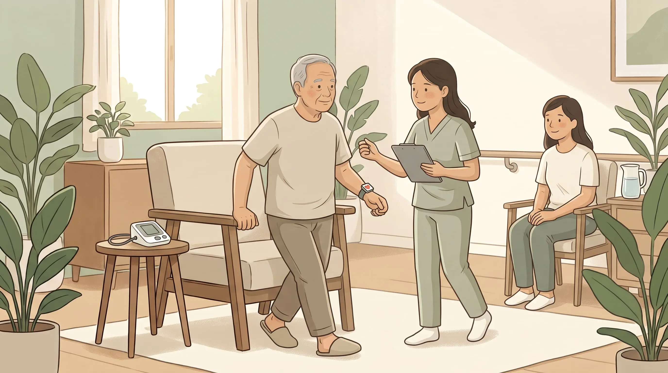 Illustration of gentle supervised walking as part of cardiac rehabilitation