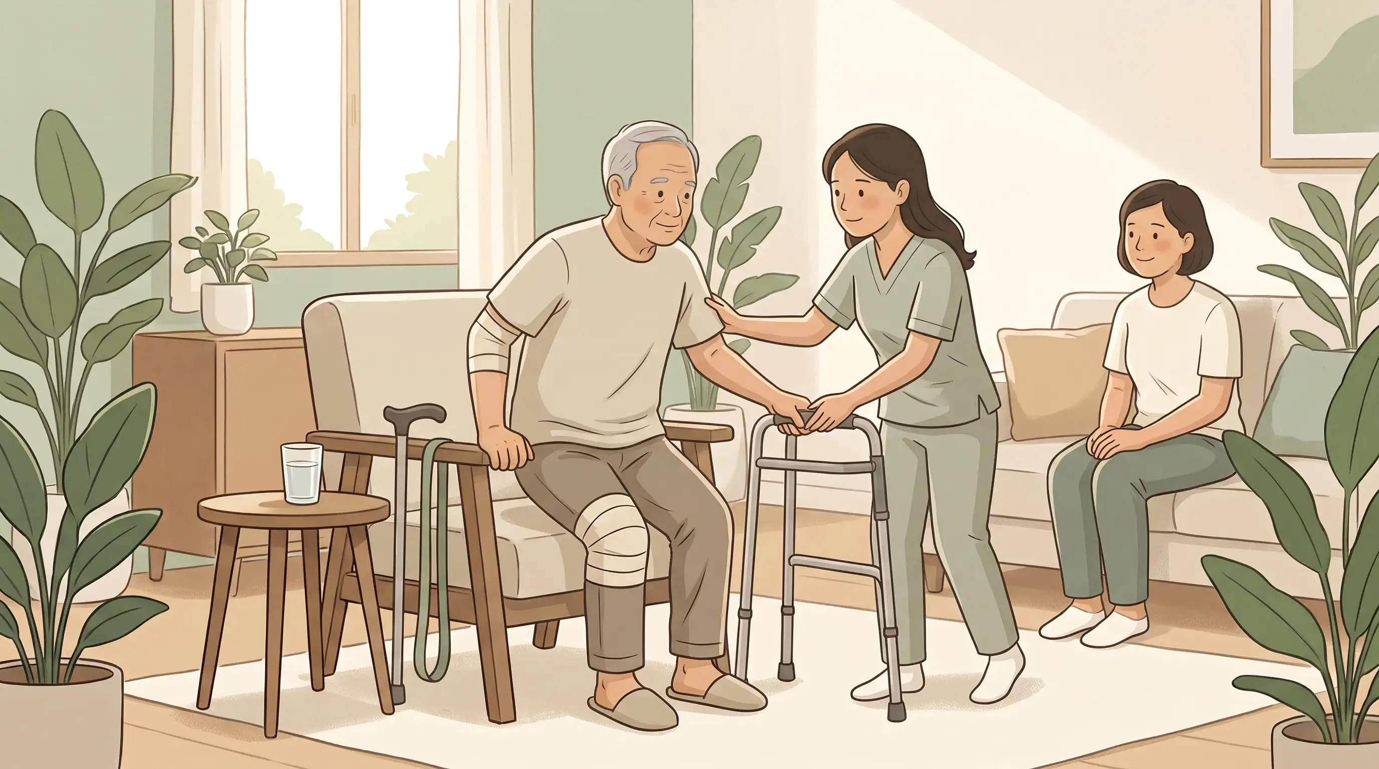 Illustration of a patient discussing post-surgery rehabilitation with a physiotherapist