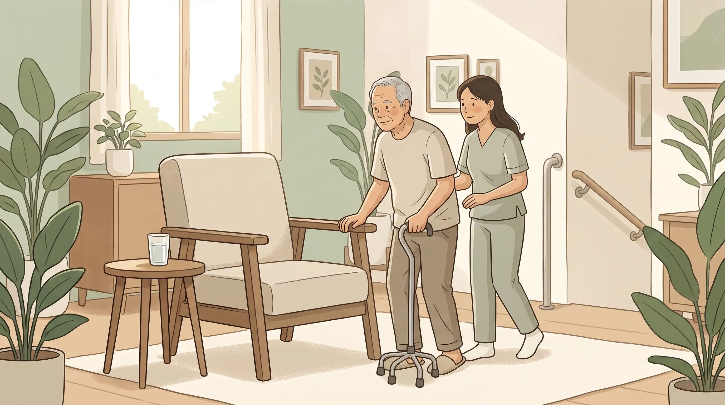 Illustration of an uncluttered home bedroom with a walking aid