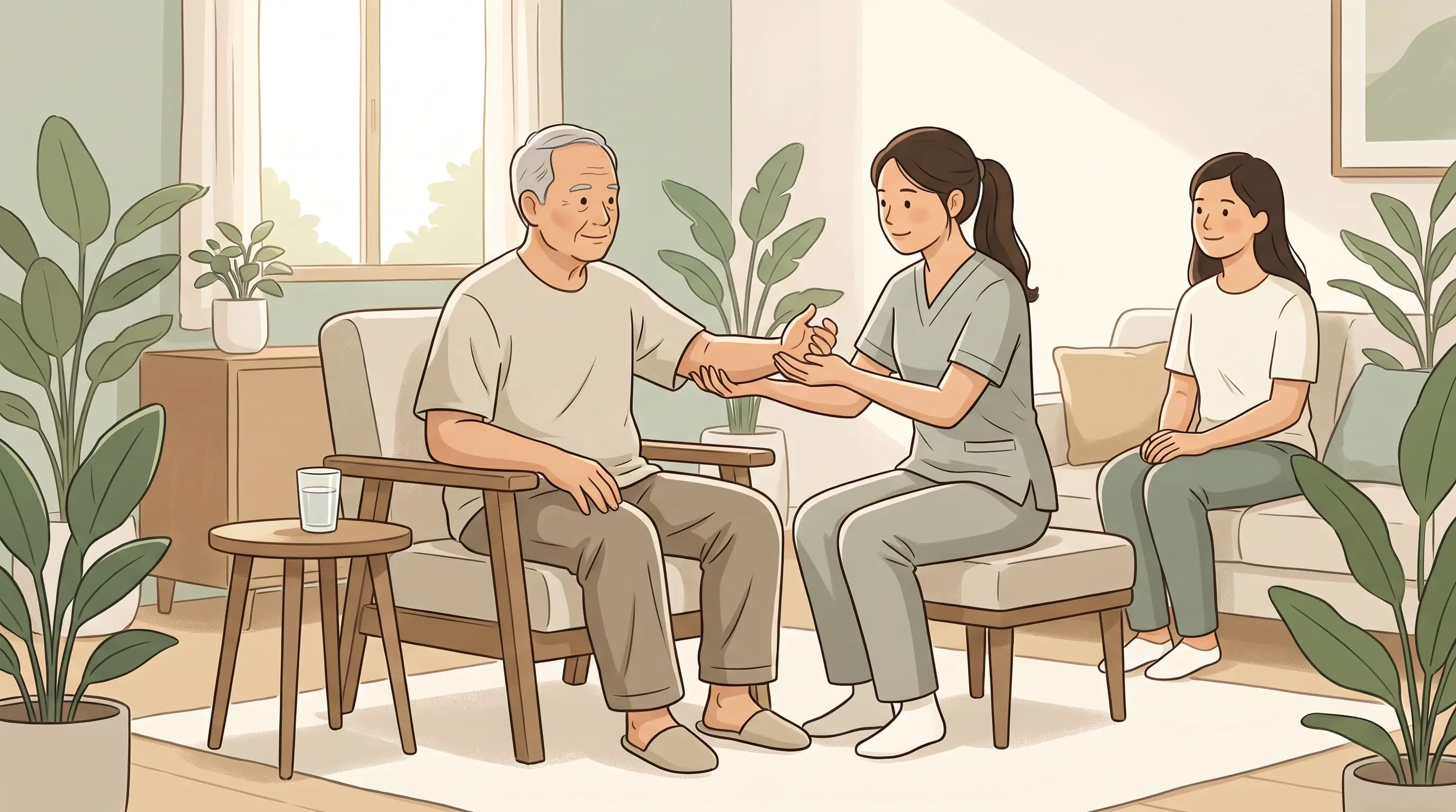 Illustration of a family discussing stroke recovery with a physiotherapist at home