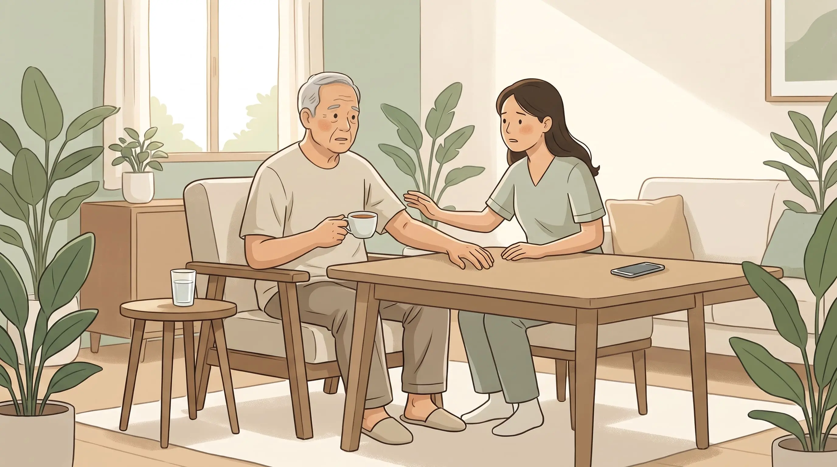 Illustration of a family member noticing sudden stroke symptoms and calling for help