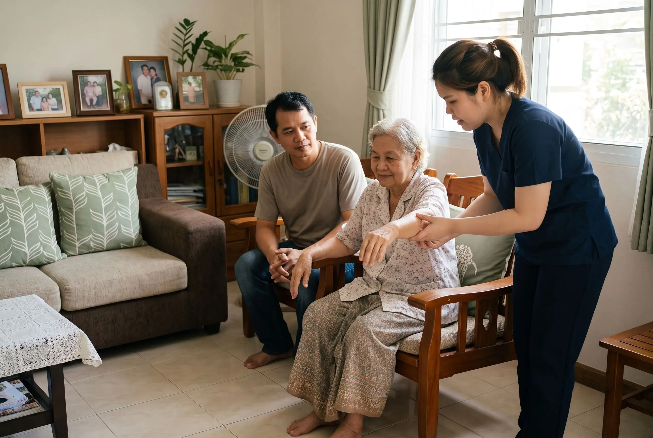 Illustration of a physiotherapist supporting an older adult and family at home